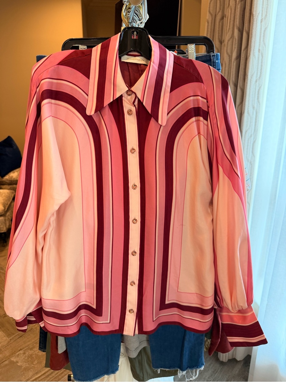 Zimmermann Pink and Burgundy Striped Silk Button-Down Shirt